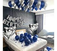 44 pièces/set Ballons en feuille métallique lettre Happy Birthday de 16 pouces, comprenant des ballons en latex bleu marine, argent et des ballons en feuille métallique en forme de cœur. Pour la décor