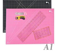 45 mm Cutter rotatif Kit de découpe de tissu incluant un tapis de découpe autocicatrisant A1 90x60cm 5 couches + 5x lames de rechange + 2x règles de patchwork Tapis de découpe format A1 rose/noir