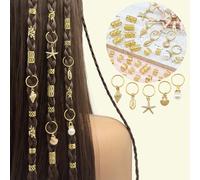 45 pièces Anneaux de cheveux style océan, comprenant étoile de mer dorée, coquillage, coquille et perle blanche, plusieurs formes de pinces à cheveux ajustables d'été, convient pour les tresses et les