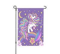 45 x 30 cm - Jolie licorne sur un arc-en-ciel parmi les étoiles - Drapeau de jardin imprimé double face pour maison, pelouse, décoration de cour, bannières de bienvenue pour intérieur et extérieur