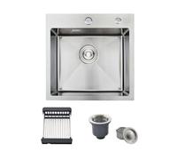 45 x 45 cm Evier Cuisine Inox 1 Bac avec Panier Télescopique, Brossé | Évier 1 Cuve Acier Inox, Pose Encastrée ou Sur Plan, Équipé de 2 Trous Robinetterie, Bonde de Vidange Complète