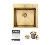 45 x 45 cm Evier Cuisine Inox 1 Bac avec Panier Télescopique, Or | Évier 1 Cuve Acier Inox, Pose Encastrée ou Sur Plan, Équipé de 2 Trous Robinetterie, Bonde de Vidange Complète