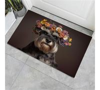 45 x 75 cm, paillasson d'entrée intérieur et extérieur, Tapis Illustrations d'animaux Schnauzer avec des Fleurs, Tapis de Sol résistant à la décoloration, Profil Bas, Facile à Nettoyer Brun foncé