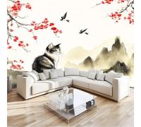 450 x 280 cm Papier Peint Panoramique Pour Garçons filles, Oriental Animaux Chats Fleurs Prunier Poster Géant Mural 3D, Décoration Murale Premium Pour Salon, Chambre Adulte, Chambre D'Enfants Beige