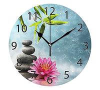 452 Ronde Pendule Murale Nénuphar avec Bambou Zen Horloge Murale sans Tic-Tac Horloge Vintage Décoration D'Intérieur pour Salon Café École
