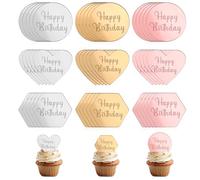 45pcs Décorations Cupcakes d'Anniversaire Acrylique Miroir, Formes Rondes Cœurs Hexagones Pics à Gâteaux Joyeux Anniversaire pour Décorations Fêtes Pâtisseries Desserts (Or, Or Rose, Argent)