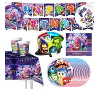 45Pcs Inside Décoration d'Anniversaire, Set de Vaisselle de Fête In-side Out, avec Assiette Dîner Papier Tasse Serviette Nappe Ballons et Bannières, Enfants Anniversaire Vaisselle Décoration de Table