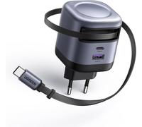 45W USB C Fast Charger with Built-in Retractable Cable GaN Tech Compatible with Galaxy S25 Ultra Plus S24 S23 S22 A16 iPhone 16 Plus Pro Max 15 14 13 12 Pixel 9 8 iPad MacBook Air