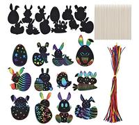 46 Pcs Kit de Papier à Gratter de Pâques, Pâques Scratch Art, Cartes à Gratter pour Enfants de Pâques, Avec Brochettes en Bambou et Rubans, Pour Décoration de Pâques et Bricolage