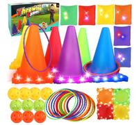 46Pcs 3-in-1 Ensemble de Jeu de Lancer d'anneau Sport Party Spiele Set, Jeux de Lancer Lumineux, D'anneaux Et de Pouf, Eux d'Extérieur, Parcours Enfant Exterieur, Jeux Exterieur Enfant 3+ Ans