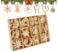 46Pcs Étoiles de Paille dans Un Mélange, Decoration Sapin Noel en Matériau Naturel, ilauke Pendentif Paille de différentes Formes, Suspension avec Une Jolie Boîte, Décorations pour Arbres de Noël