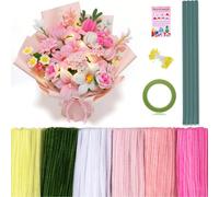472 pièces Ensemble de fleurs en cure-pipes, tiges de chenille de couleurs mélangées en vrac avec fils floraux, ruban de jardinage, étamines, carte tutorielle pour kit de fabrication de fleurs DIY, id