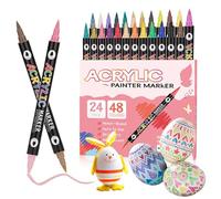 48 couleurs - 24 stylos acryliques pour peinture sur pierres - Étanche - Double pointe - Marqueur acrylique - Marqueur pour plastique, verre, bois, papier, œufs de Pâques, métal, toile
