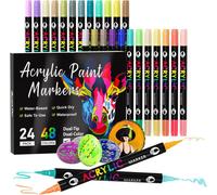 48 Couleurs 24 Stylos Feutre Acrylique, Feutre Peinture Acrylique Double Pointe Pinceau, Marqueur Acrylique Pour Papier, Verre, Galet, Métal, Plastique, Bois, Oeuf, Céramique, Textile
