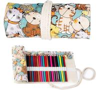 48 Cute Cat Pencil Case, Canvas Roll Up Pouch For Pens, Felt-Tip Pens And Coloured Pencils, Tote Bag For School And Art