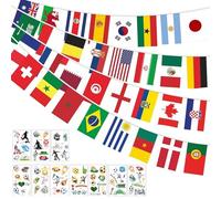 48 Drapeaux Coupe du Monde 2026 - Guirlande en Tissu recto verso 14x21 cm avec 10 Stickers Tatouage Foot, étanche & résistant à la transpiration - Décoration Fan pour Public Viewing, Fête, Jardin, Bar