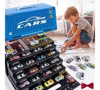 48 Mini Voitures à Friction avec Garage intégré, de Course en Alliage moulé sous Pression avec Circuits en Boucle et boîte de Rangement - Coffret de Mini Voitures à Friction for(Blue)