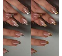 48 pièces (2 styles) Autocollants d'ongles 3D longs en forme d'amande faits à la main, peuvent créer des designs d'ongles French chat eye, autocollants d'ongles stiletto French argent et French or, ta