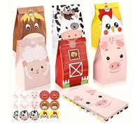 48 pièces/24 pièces Sacs cadeaux thème animal - Comprend 6 designs différents d'animaux de la ferme et des feuilles d'autocollants bonus. Convient pour les fêtes d'anniversaire, les événements à thème