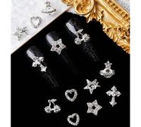 48 pièces Ensemble de décoration d'ongles en alliage d'argent style charmant DY2K avec strass en forme de cœur, d'étoile, de pierre satellite et de croix, style rock punk de la sous-culture sombre, dé