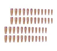 48 Pièces Faux Ongles Longs Trapèze Plats en Résine, Style Chic | Pose Press-on pour Manucure, Motif Lignes Blanc Violet, Lot, pour Fêtes