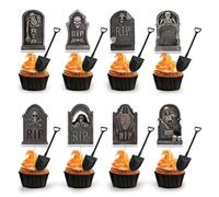 48 Pièces Halloween Cupcake Topper Décoration, Halloween Gâteau Topper avec Motif de Pierre Tombale, Hallowee-n Insert à Gâteau avec Cuillère, Hallowee-n Cupcake Deko pour Party Cake, Dessert