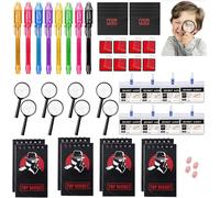 48 Pièces Kit Détective Enfant,avec Stylo UV,carnet de Notes,loupes Jouets,Carte d'identité de détective avec Clip,Tampon encreur d'empreintes digitales