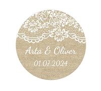 48 STICKERS Autocollants personnalisés pour mariage,Autocollants EFFET TOILE DE JUTE ET DENTELLE,40MM ROND étiquettes pour réception/mariage/cadeaux/fiançailles/invitation/cartes/dragées - Rd 056