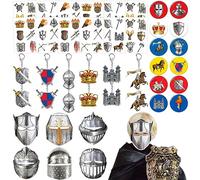 48PCS Médiéval Party Favors Décorations Fournitures Casque de Chevalier à Thème Médiéval Masques en Papier Bouton Pins Porte-clés Tatouages pour Anniversaire Médiéval Chevalier Costume Fête