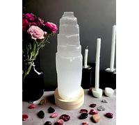 4All Lampe LED USB en cristal de sélénite faite à la main - Énergie spirituelle et guérison - Décoration d'intérieur - Base en bois minéral (30 cm)