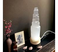 4All Lampe LED USB en cristal de sélénite faite à la main - Énergie spirituelle et guérison - Décoration d'intérieur - Base en bois minéral - 15 cm