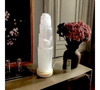4All Lampe LED USB en cristal de sélénite faite à la main - Énergie spirituelle et guérison - Décoration d'intérieur - Base en bois minéral - 20 cm