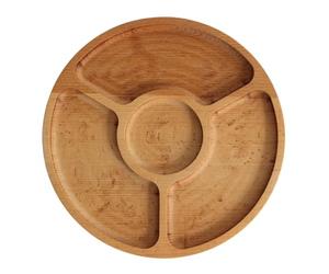 4BIG.fun Plateau de service en bois naturel de 25 cm de diamètre avec 4 compartiments divisés, assiette de service pour entrées, fromages et collations, plateau en bois pour viande et fromage, plateau