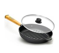 4BIG.fun Poêle à griller en fonte Ø 24 cm avec couvercle en verre - Poignée en bois - Convient pour barbecue à gaz, four, foyer, tous feux dont induction
