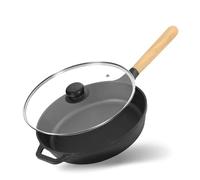 4BIG.fun Poêle en fonte BRIZOLL - Diamètre : 28 cm - Profondeur : 61 mm - Avec couvercle en verre - Poêle à frire ronde en fonte - Avec poignée en bois - Compatible avec tous les types de cuisinières