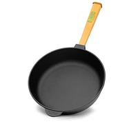 4BIG.fun Poêle en fonte de 26 cm de 65 mm de haut avec manche en bois - Poele ronde - Poêle à frire à induction - Convient pour barbecue à gaz, four, foyer et tous feux dont induction