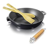 4BIG.fun Poêle en fonte émaillée de 26 cm avec manche en bois amovible, spatule et cuillère de cuisson, poêle en fonte pour barbecue à gaz, foyer et tous types de feux, y compris l'induction