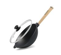 4BIG.fun Wok Asia Poêle à frire en fonte avec poignée en bois et couvercle en verre Ø 24 cm 2,2 l