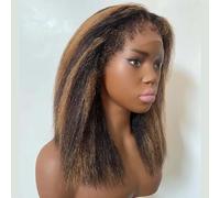 4C Kinky Edges - Perruque en cheveux humains avec dentelle frontale - P1B/27 - Ombre - Courte - Droites - Pré-bou s - Sans colle - Blond miel - Yaki - 30,5 cm