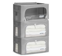 4CONVY Sacs de Rangement pour Vêtements avec Fermeture Éclair et Cadre en Métal - Housse de Rangement pour Couette, Draps - Boîtes de Rangement pour Vêtements Empilables, Robustes et Stables - 3x24L