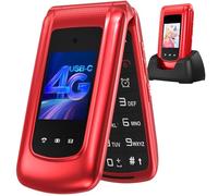 4G Telephone Portable Senior Débloqué, Téléphone Portable à Clapet avec Grandes Touches, Téléphone Portable Personnes âgées, Double SIM,Double Écran 2,4 "+1,77 ", Bouton SOS,Station de Charge (Rouge)