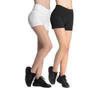 4How Set 2 Pièces Short Court de Sport Femme en Coton Opaque Taille Haute Yoga Danse Fitness Course à Pied Cyclisme Boxer Confortable sous Robe Quotidienne Blanc Noir Taille M