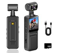 4K Camera Pieton, 128GB Caméra de Corps avec Objectif Rotatif & 180° Grand Angle, WiFi Enregistreur Vidéo Portable avec Clip Arrière, Détection de Mouvement de Vision Nocturne pour Sport Vélo Voyage