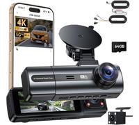 4K Dashcam Voiture Avant Arrière Avec Hardwire Kit,3 Canaux Camera De Bord Avec 24H Mode Parking,Carte Sd 64G,Wifi & Application,G-Capteur,Wdr,Vision Nocturne,Enregistrement En Boucle
