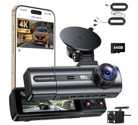 4K Dashcam Voiture Avant Arrière avec Hardwire Kit, 3 Canaux Camera de Bord avec 24H Mode Parking, Carte SD 64G, WiFi & Application, G-Capteur, WDR, Vision Nocturne, Enregistrement en Boucle