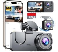 4K Dashcam Voiture Avant Arrière, Wi-FI GPS Caméra Voiture avec Carte SD 32G, Camera Voiture à 3 canaux Grand Angle 170°, Vision Nocturne,WDR,G-Capteur,Mode Stationnement 24H,Enregistrement en Boucle