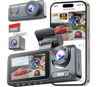 4K Front Rear Car Dashcam, Car Camera with 32G SD Card, 170° Wide Angle Dashcam with G-Sensor, Night Vision, 24H Parking Mode, Loop Recording