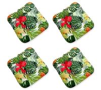 4L Textil Lot de 4 coussins de chaise avec rubans, pour l'intérieur et l'extérieur, 45 x 45 cm, pour chaise de jardin, de sol, 40 x 40 cm, motif de fleurs vertes, 40 x 40 cm