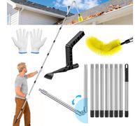 4M 2 en 1 Outil de nettoyage de gouttière télescopique avec brosse et pelle à feuilles, kit de nettoyage de gouttière extensible en aluminium, angle réglable à 180°, gants inclus