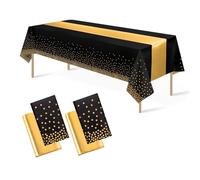 4Pack Disposable Plastic Tablecloths 137 * 274 cm and Satin Table Runner,Party Table Cloths,Gold Dot Confetti Table Cover for Birthday, Engagement, Wedding (Black Gold+Gold Table Runner)
